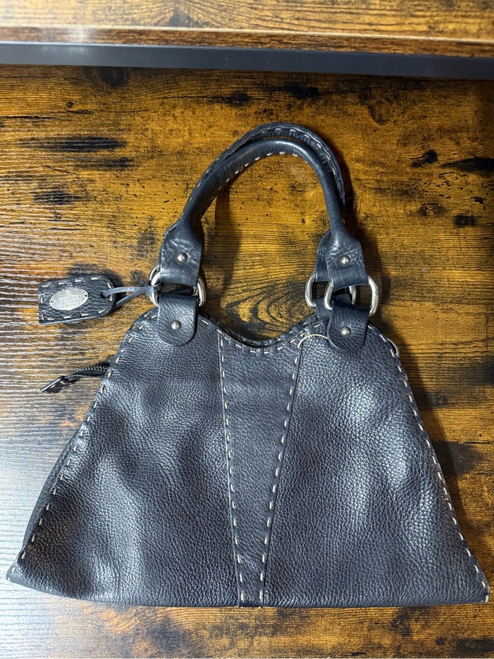 Fendi Selleria Black Leather Handbag Zip Tote Stitching Italy Women's Bag